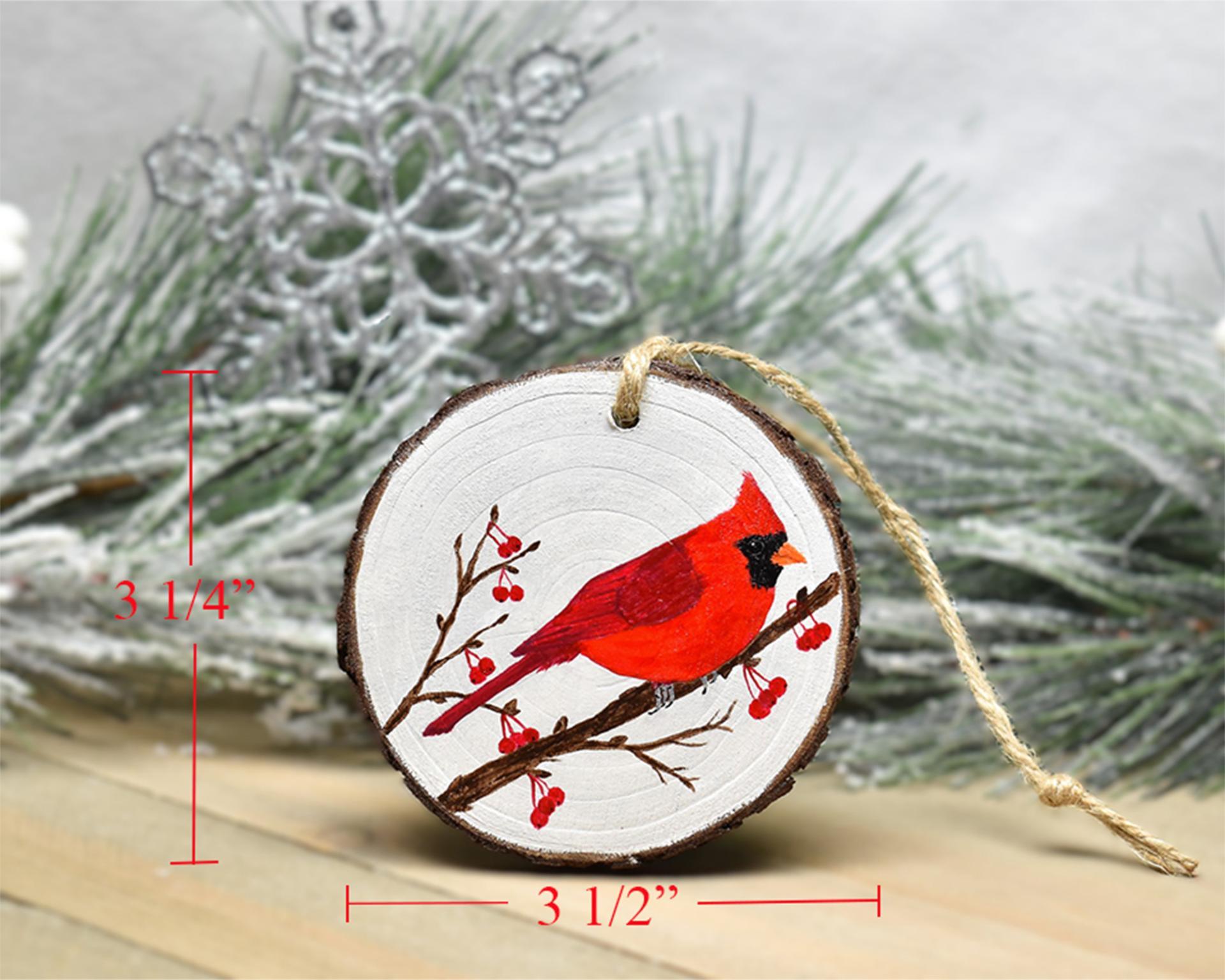 A handmade Kentucky state bird Christmas ornament displayed with measurements at covecreekphotography.com.