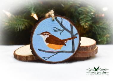 A Carolina wren hand-painted on a wood slice at covecreekphotography.com.