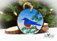 An eastern bluebird, the state bird of Missouri, is hand-painted on a wood slice ornament at Cove Creek Photography.