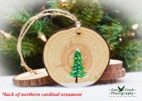 A hand-painted evergreen tree on the back of a northern cardinal Christmas ornament at covecreekphotography.com.