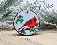 An image with measurements of a hand-painted northern cardinal wood slice ornament at covecreekphotography.com.