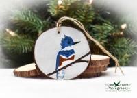 A handmade wood slice ornament with a female belted kingfisher available at www.covecreekphotography.com.