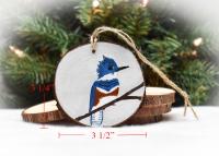 Measurements for a hand-painted belted kingfisher wood slice Christmas ornament at Cove Creek Photography.