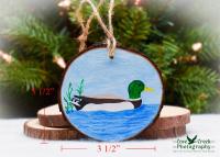 Measurements for a hand-painted mallard wood slice Christmas ornament at Cove Creek Photography.