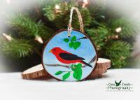 A handmade Christmas ornament with a scarlet tanager hand-painted on a wood slice available at Cove Creek Photography.