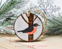 Dimensions for a hand-painted American robin wood slice ornament at Cove Creek Photography.