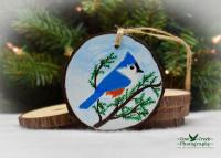 A hand-painted tufted titmouse on a 3.5 inch diameter wood slice Christmas ornament at Cove Creek Photography.
