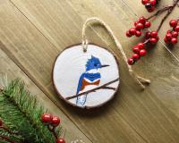A handmade wood slice Christmas ornament with a belted kingfisher that is displayed in a wooden board at covecreekphotography.com.