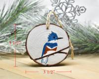 An image with measurements displayed on each side of a handmade belted kingfisher ornament at covecreekphotography.com.