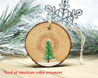 A simple rendering of a hand-painted evergreen tree on a wood slice ornament at Cove Creek Photography.