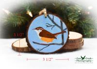Measurements for a hand-painted Carolina wren wood slice Christmas ornament at covecreekphotography.com.