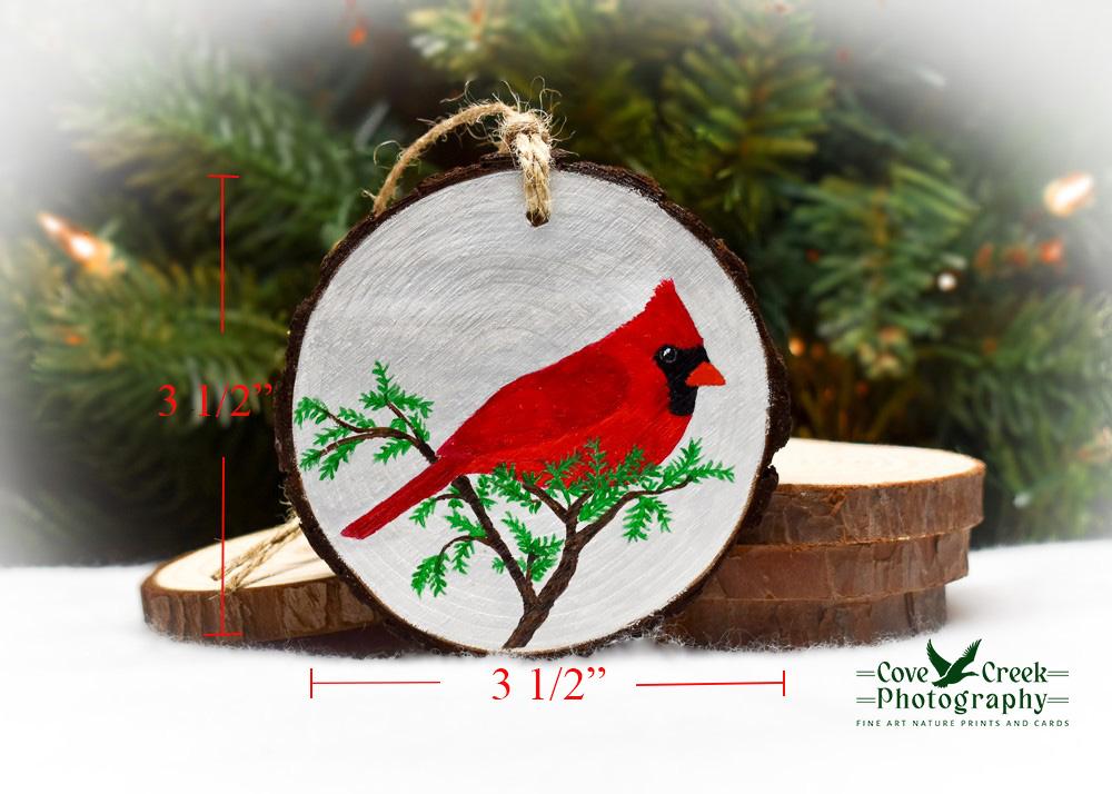 Measurements for a hand-painted northern cardinal wood slice ornament at covecreekphotography.com.