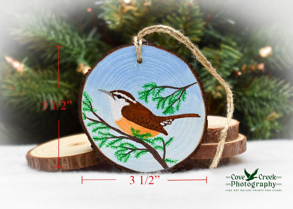 Measurements for a Carolina wren wood slice ornament at www.covecreekphotography.com.