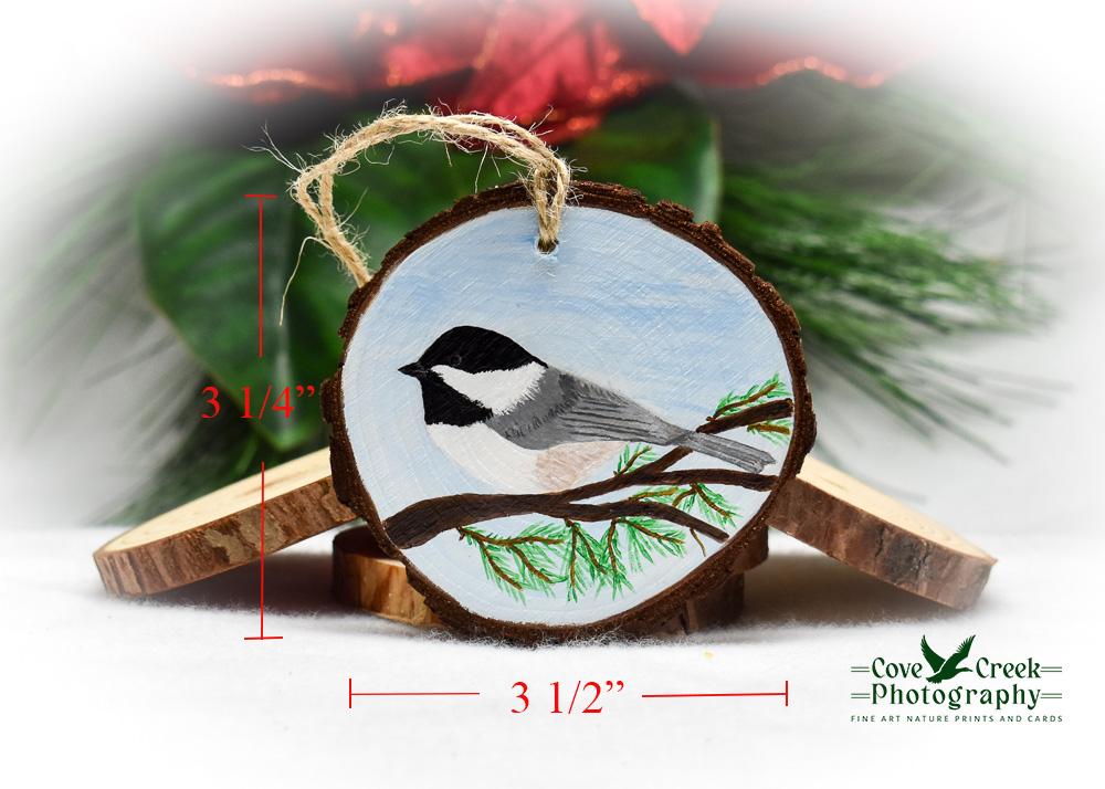 Dimensions for a chickadee wood slice ornament at Cove Creek Photography.