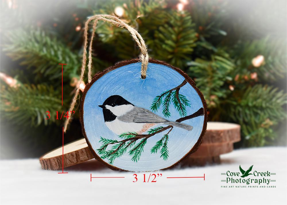 Measurements for a hand-painted Carolina chickadee wood slice ornament at Cove Creek Photography.