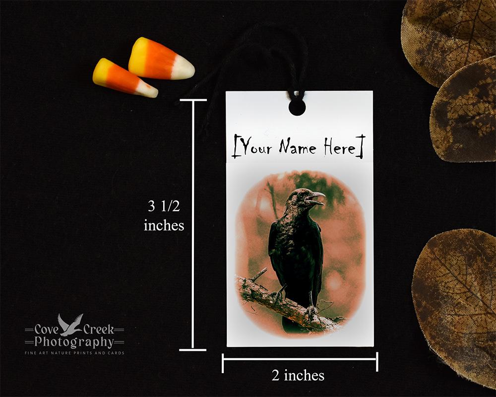 Handmade Halloween gift bag tags with an American crow at covecreekphotography.com
