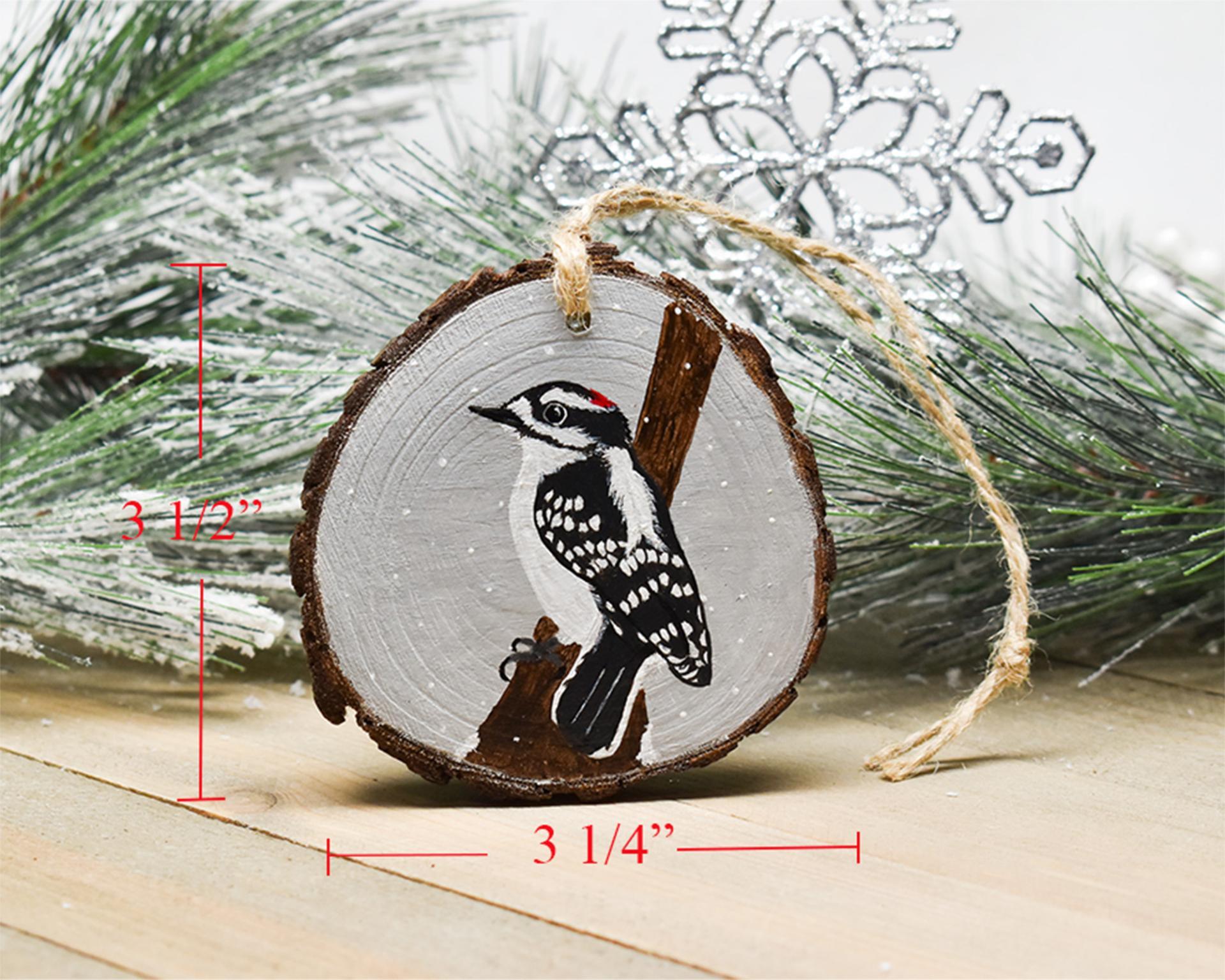 Measurements for a wood slice with an acrylic painting of a downy woodpecker at Cove Creek Photography.