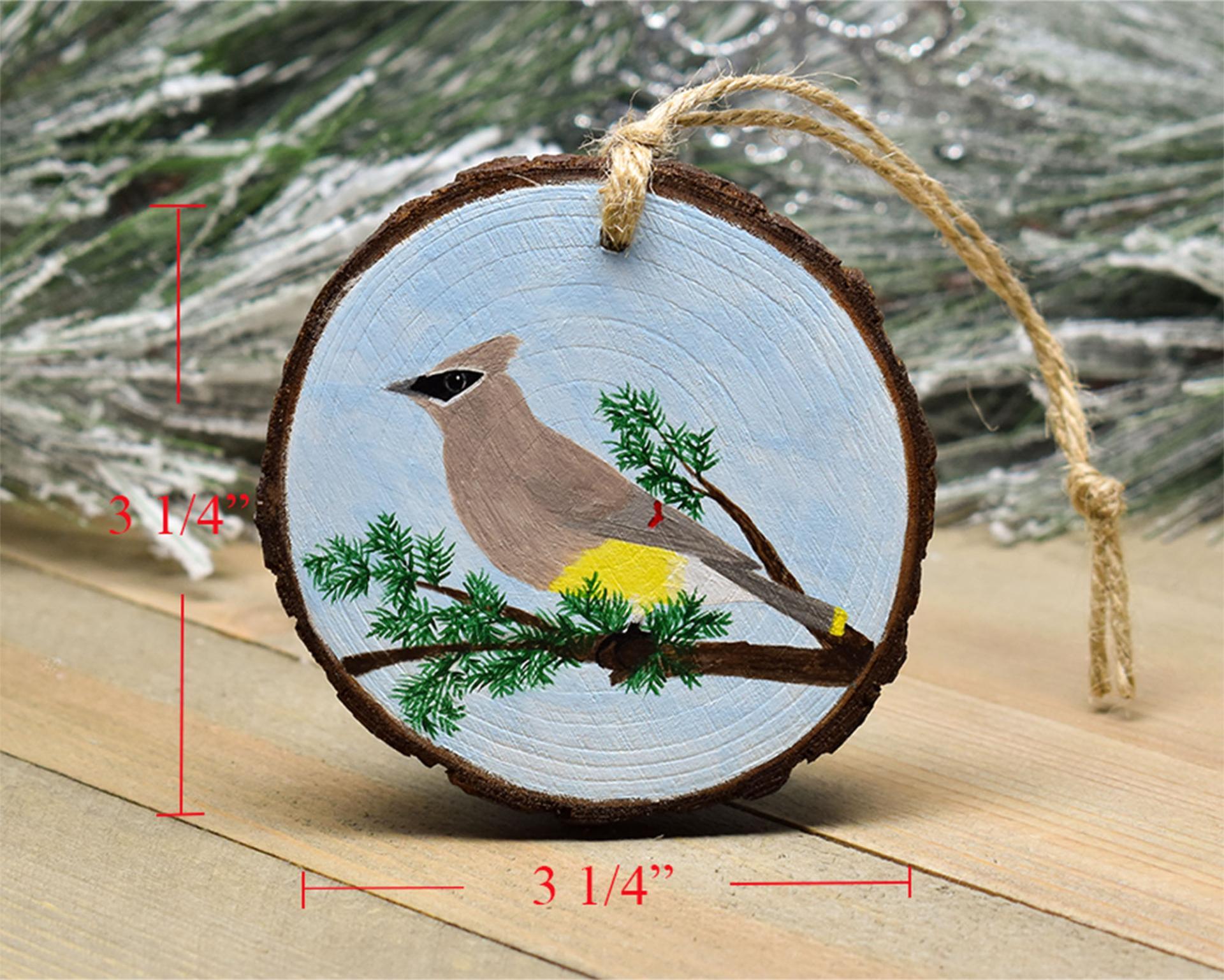 A display of measurements for a hand-painted cedar waxwing wood slice ornament at Cove Creek Photography.
