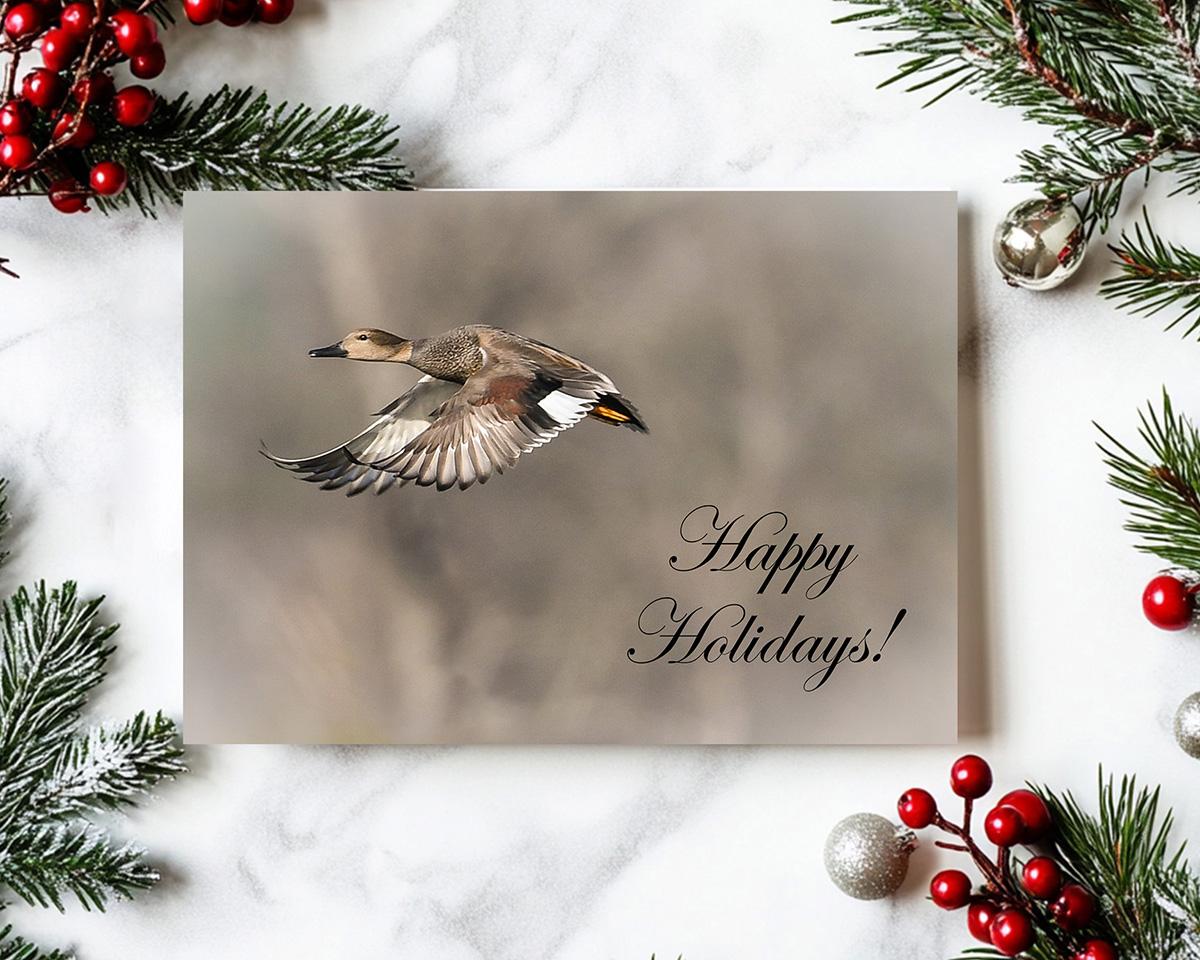 A Happy Holidays folding greeting card with nature photography of a flying duck at Cove Creek Photography.