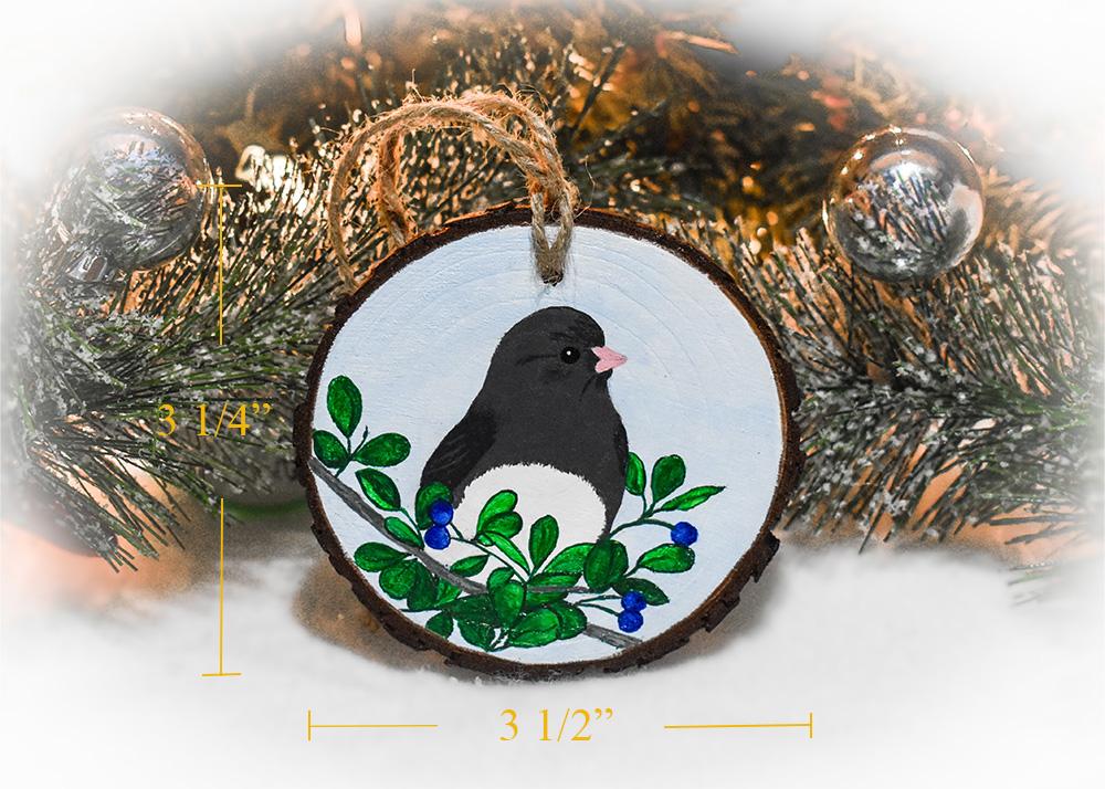 Displayed measurements for a hand-painted dark-eyed junco ornament at covecreekphotography.com.
