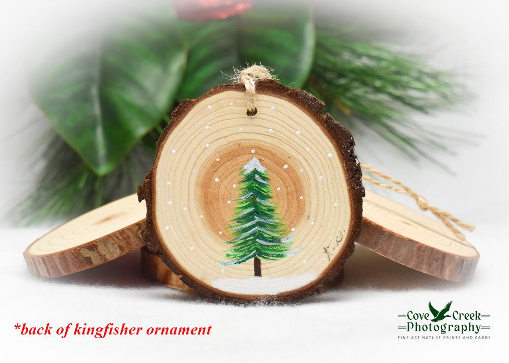 Hand-Painted Wood Slice Christmas Ornament - Belted Kingfisher