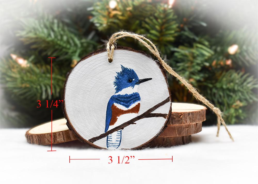Measurements for a hand-painted belted kingfisher wood slice Christmas ornament at Cove Creek Photography.