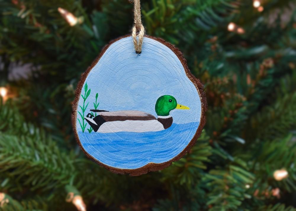 A handmade mallard Christmas ornament hanging on a Christmas tree at covecreekphotography.com/.