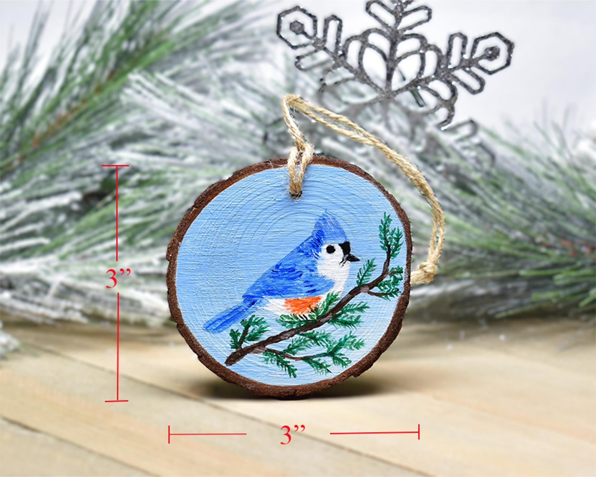 An image of a handmade wood slice ornament with measurements displayed at Cove Creek Photography.