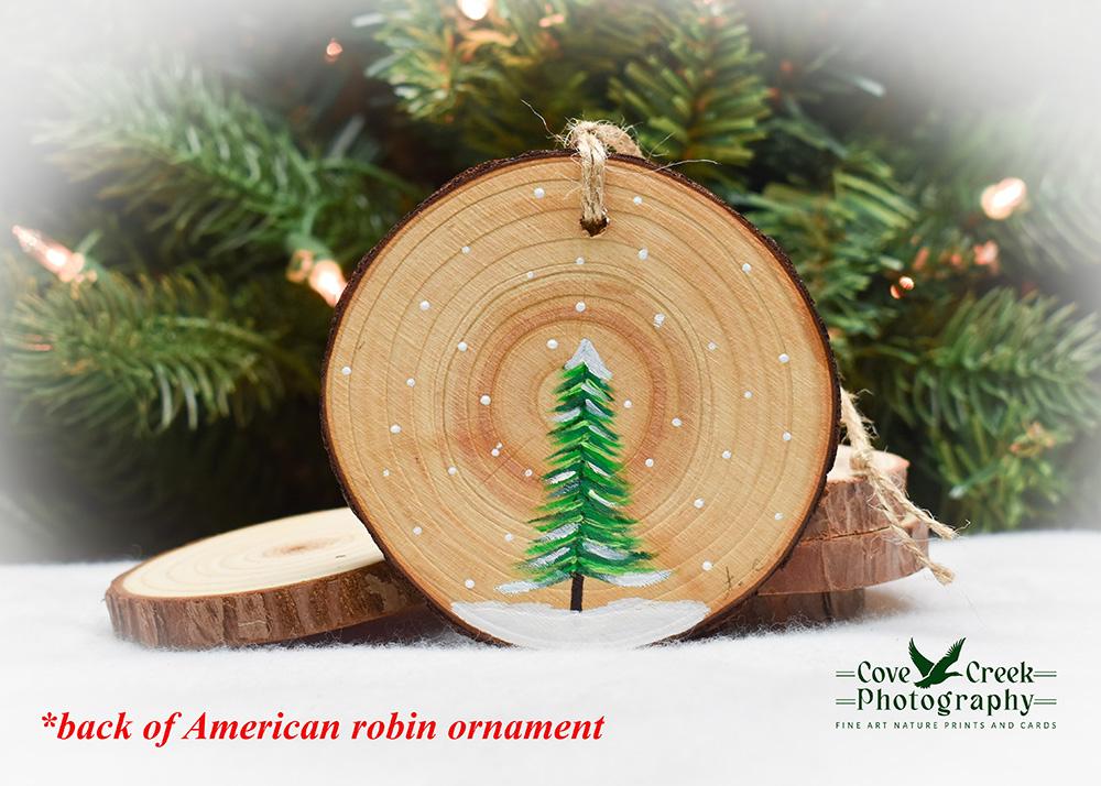 The back of a handmade American robin wood slice ornament featuring a tree in the snow at www.covecreekphotography.com.