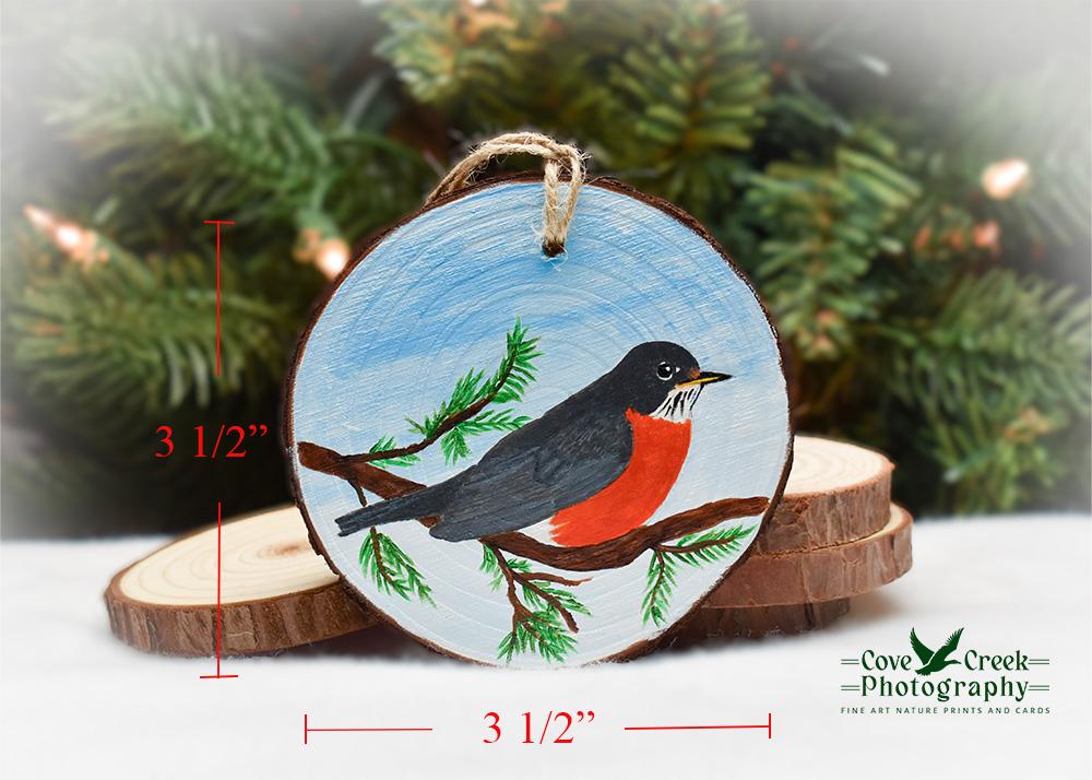 Handmade Wood Slice Christmas Ornament - American Robin