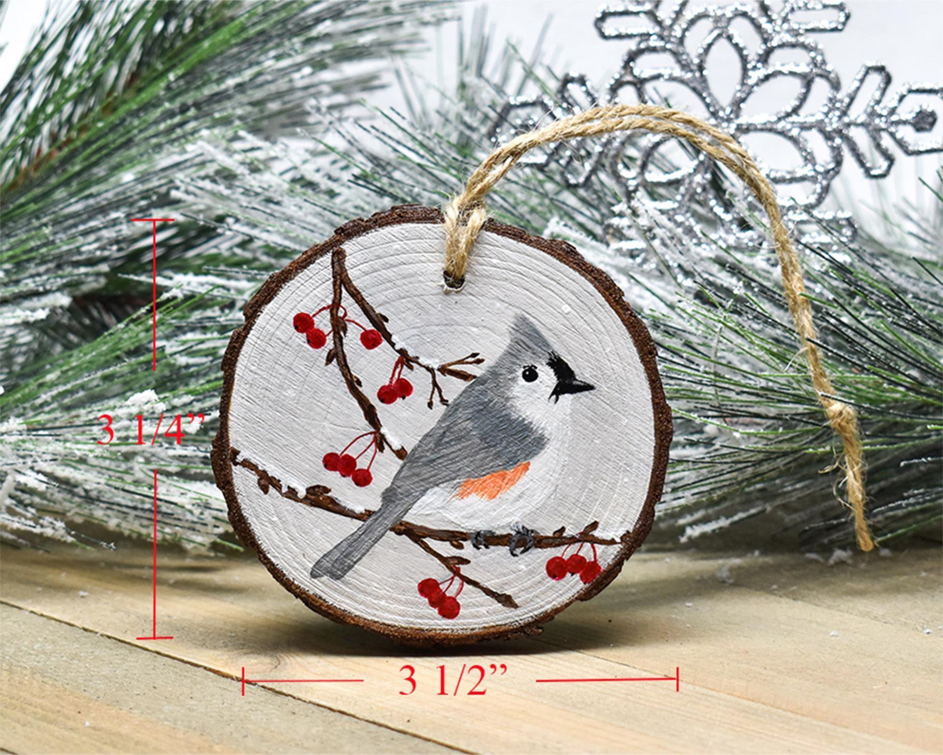 A handmade tufted titmouse wood slice ornaments with slice measurements at Cove Creek Photography.
