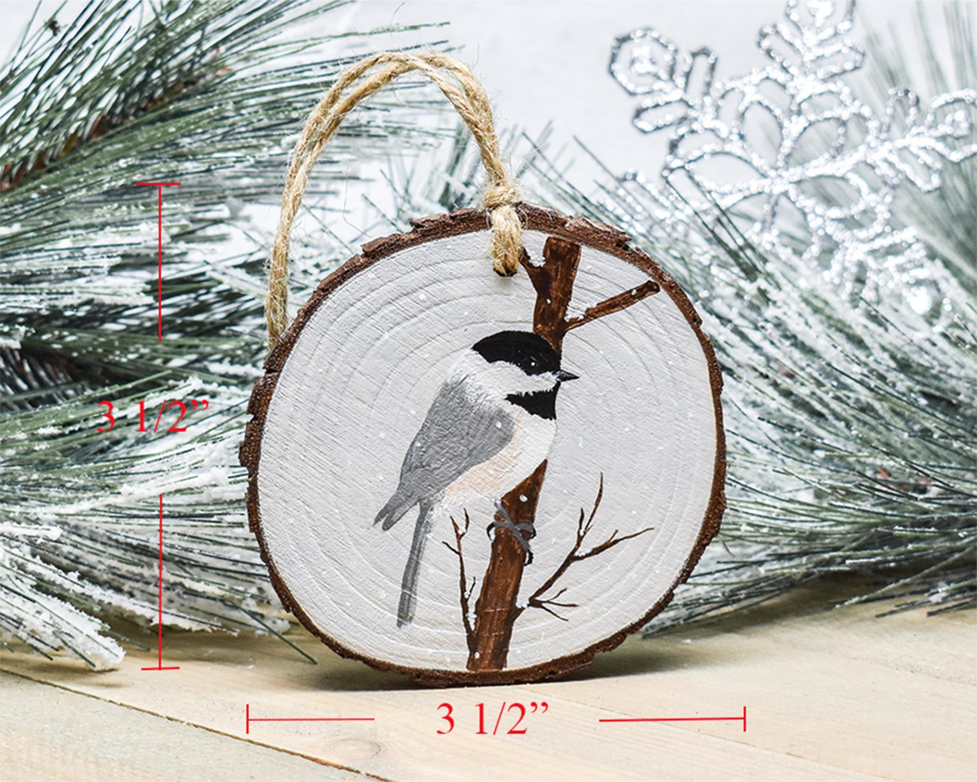 A hand-painted Carolina chickadee ornament with dimensions at covecreekphotography.com.