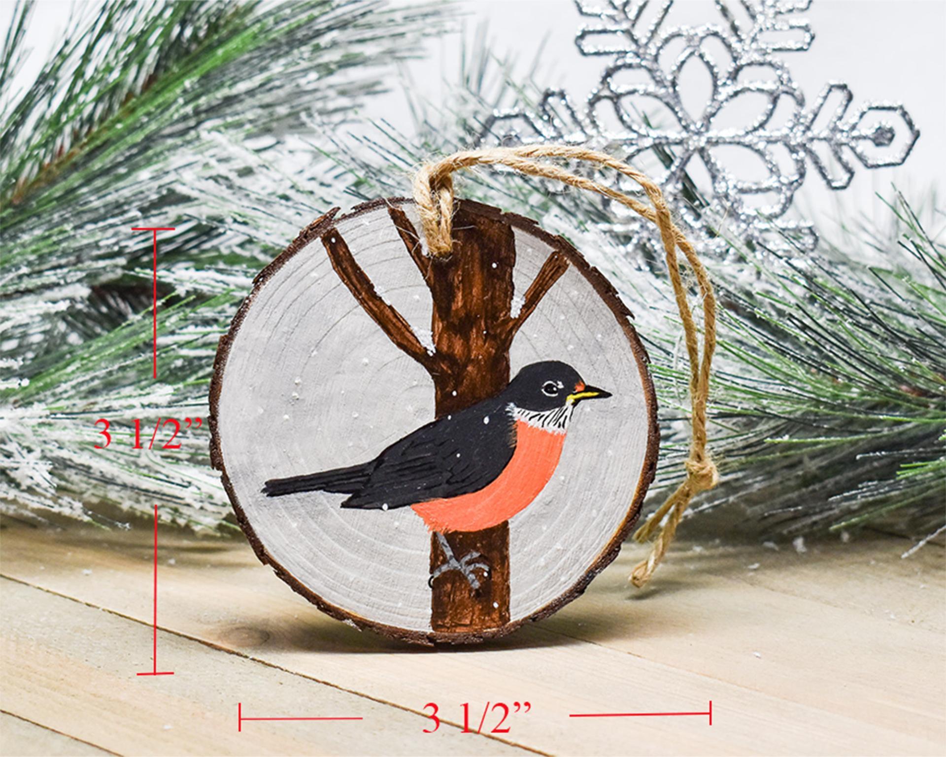 Dimensions for a hand-painted American robin wood slice ornament at Cove Creek Photography.