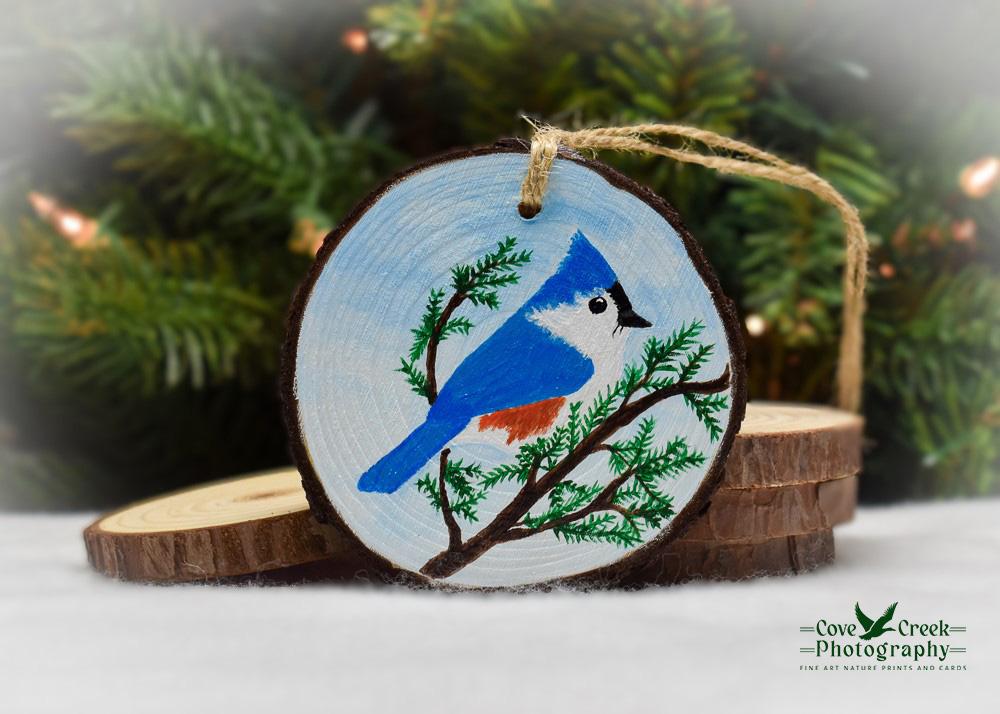 A hand-painted tufted titmouse on a 3.5 inch diameter wood slice Christmas ornament at Cove Creek Photography.