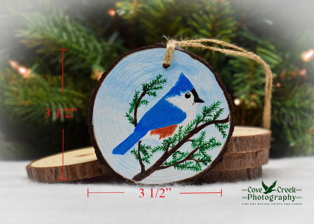 An image of a handmade bird Christmas ornament showing the diameter dimensions at Cove Creek Photography. 