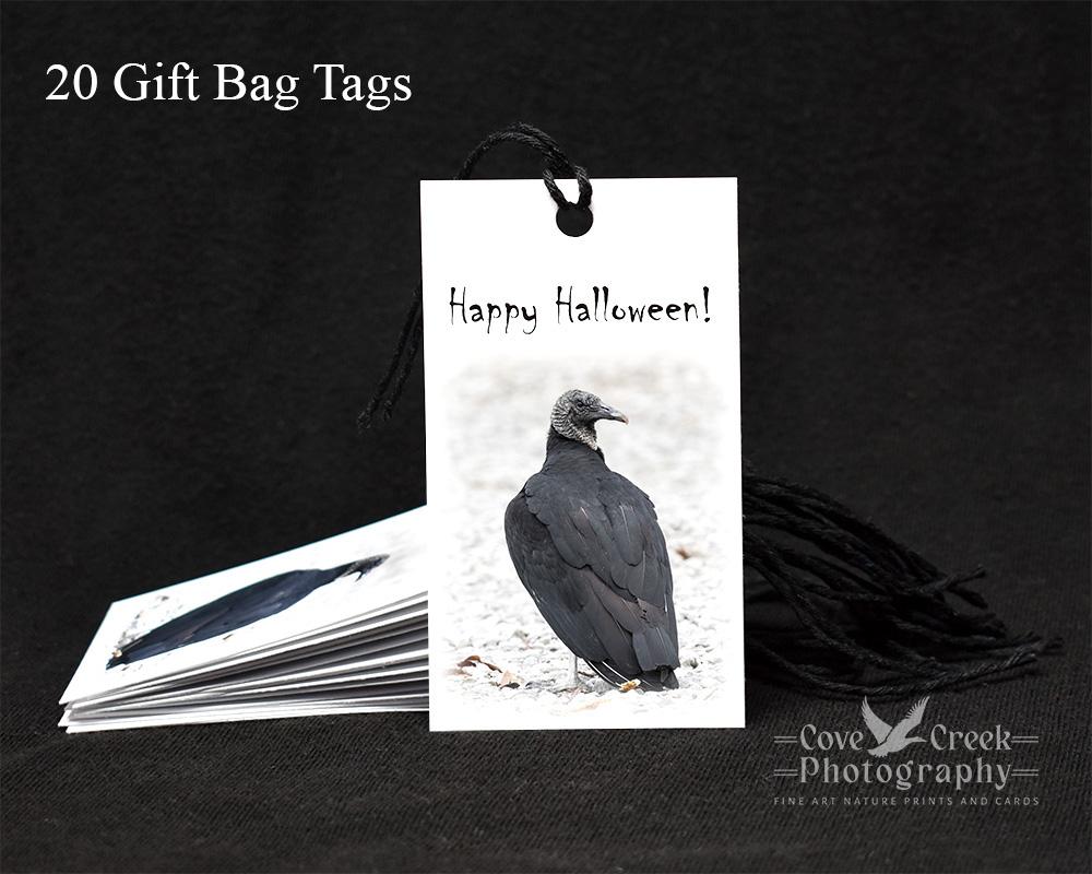 Black vulture "Happy Halloween" gift bag tags at covecreekphotography.com.