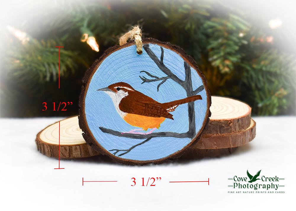Measurements for a hand-painted Carolina wren wood slice Christmas ornament at covecreekphotography.com.