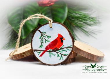 A handmade northern cardinal Christmas ornament available for purchase at Cove Creek Photography.