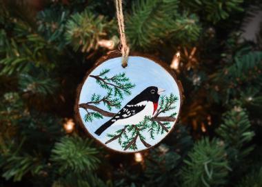 A male rose-breasted grosbeak hand-painted on a pine wood slice available at covecreekphotography.com.
