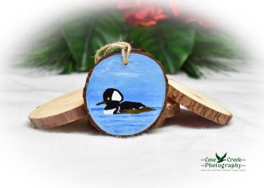 A hand-painted hooded merganser on a wood slice Christmas ornament at covecreekphotography.com