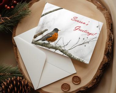 A handmade Christmas card with nature photography of an American robin in the snow at covecreekphotography.com.